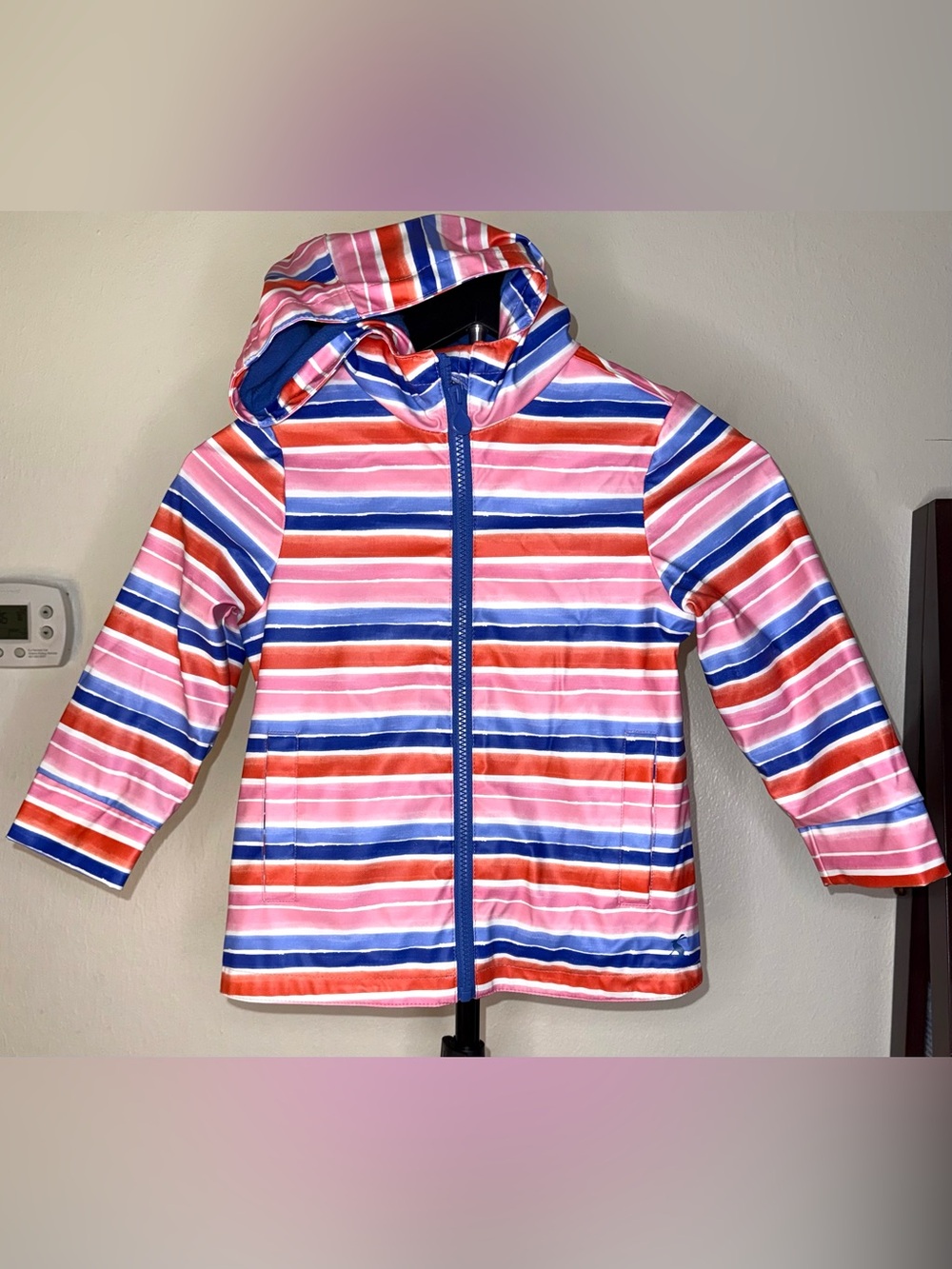 Joules Girl's Pink Rainbow Stripe Radiance Waterproof Rain Coat, size 4